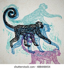 Lino cut tropical Jungle Monkey on background. Vector Illustrated Jungle Monkey.