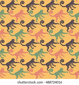 Lino cut tropical Jungle Monkey background. Vector Illustrated Jungle Monkeys seamless pattern.