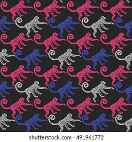 Lino cut tropical Jungle Monkey background. Vector Illustrated Jungle Monkeys seamless pattern.