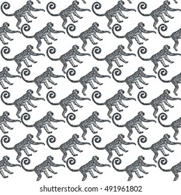 Lino cut tropical Jungle Monkey background. Vector Illustrated Jungle Monkeys seamless pattern.