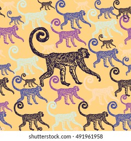 Lino cut tropical Jungle Monkey background. Vector Illustrated Jungle Monkeys seamless pattern.