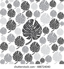 Lino cut tropical Monstera leave background. Vector Illustrated tropical plants leaves seamless pattern.