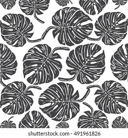 Lino cut tropical Monstera leave background. Vector Illustrated tropical plants leaves seamless pattern.