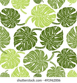 Lino cut tropical Monstera leave background. Vector Illustrated tropical plants leaves seamless pattern.