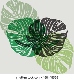 Lino cut tropical Monstera leaves on background. Vector Illustrated tropical plants leaves.