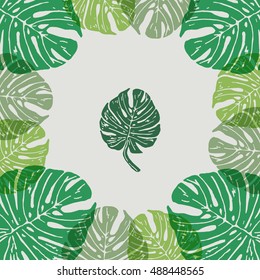 Lino cut tropical Monstera leaves on background. Vector Illustrated frame from tropical plants leaves.