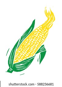 lino cut wood cut ear of corn