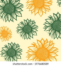 Lino print pattern of orange and green sunflowers. Vector pattern with sunflowers.