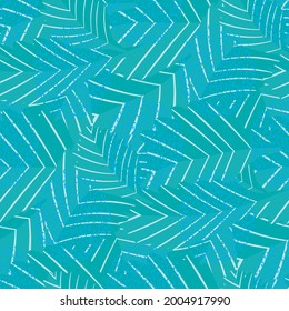 Lino print style aqua blue stylised vector leaves seamless pattern background. Texture backdrop with overlapping foliage and visible linear leaf veins. Textured botanical design. Monochrome repeat.