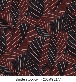 Lino print style earthy stylised vector leaves seamless pattern background. Texture backdrop with overlapping foliage and structural linear leaf veins. Textured botanical chestnut brown color repeat