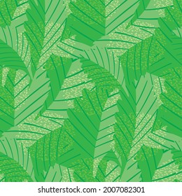 Lino print style rich green stylised vector leaves seamless pattern background. Texture backdrop with overlapping foliage and visible linear leaf veins. Textured botanical design. Monochrome repeat.