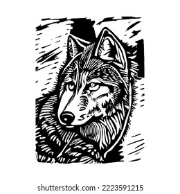 lino print wolf head illustration. Good use for symbol, mascot, icon, avatar, tattoo, T Shirt design, logo or any design.