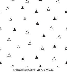 Linocat seamless pattern with triangless. Black and white block print.  Vector illustration in vintage technique.