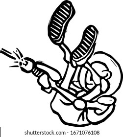 Linocut: an astronaut in zero gravity does a flip and shoots