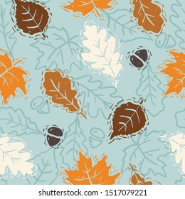 Linocut Autumn Fall Leaves Vector Seamless Pattern