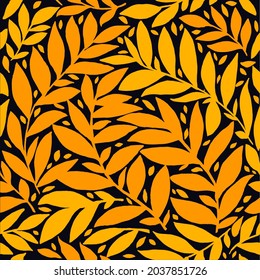 Linocut autumn leaves on dark background. Seamless orange leaves linocut grunge pattern. Linocut seamless print. Great for label, print, packaging, fabric.