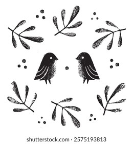 Linocut with birds and leaves. Black and white vector illustration.