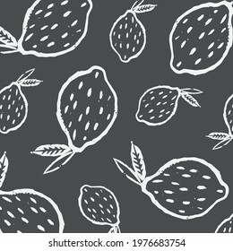 Linocut black and white lemon pattern. Vector lino print pattern with white lemons. Pattern with a linear illustration of lemons.