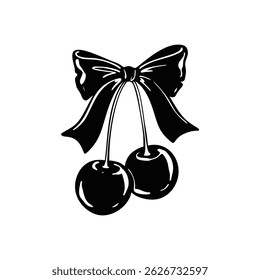 Linocut bow ribbon coquettish cherry. Y2k retro whimsical vector illustration. Tshirt print. Vintage sketch drawing. Trendy girly feminine tattoo. Valentines day romantic design element
