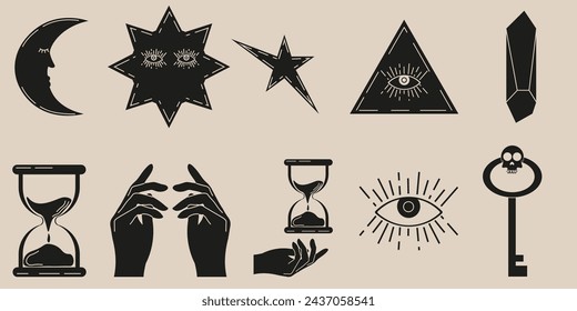 Kit de elementos Linocut Celestial Magic. Objeto místico en estilo grunge retro de moda. Ojo vigilante luna creciente de vidrio de arena. Grabado esotérico símbolo masón. Ilustración vectorial. EPS 10 Trazo editable