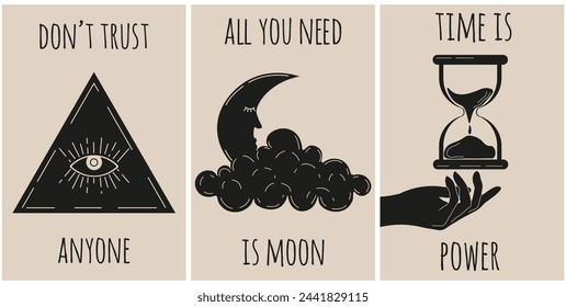 Linocut Celestial poster set. Postcard design in trendy Lino Esoteric retro style with typography. Mystical grunge black hand crescent moon silhouette. Vector illustration.. EPS 10 Editable stroke