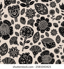 Linocut decorative flowers and leaves pattern. Vectorized hand drawn images. Endless texture on beige background
