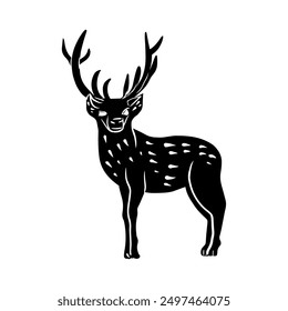 Linocut deer isolated, sketch, black and white illustration