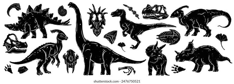 Linocut dinosaur set, vector dino print collection, fossil skeleton silhouette, prehistoric monster. Diplodocus outline print, woodcut engraving Jurassic reptile sticker, skull. Linocut dinosaur stamp