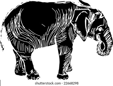 lino-cut elephant isolated on white background