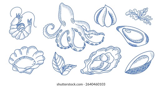 Linocut featuring shrimp, octopus, clams, and oysters on a white background
