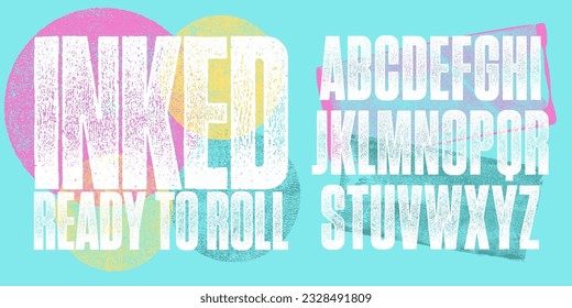 Linocut Font with Rough Rolled Ink Texture - Vector Illustration