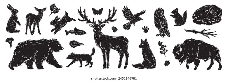 Conjunto de animales de bosque Linocut, Vector silvestre silueta de la naturaleza grunge grabado colección de impresión. Antiguas woodcut mamíferos, oso espeluznante, cuernos de ciervo, zorro, conejo, sello de búho. Boho linocut animal contorno