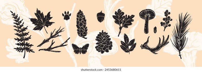 Linocut forest branch set, engraving vector autumn leaf, mushroom, cones black print collection. Scandinavian nature woodcut silhouette, season botanical object kit. Linocut branch twig texture stamp