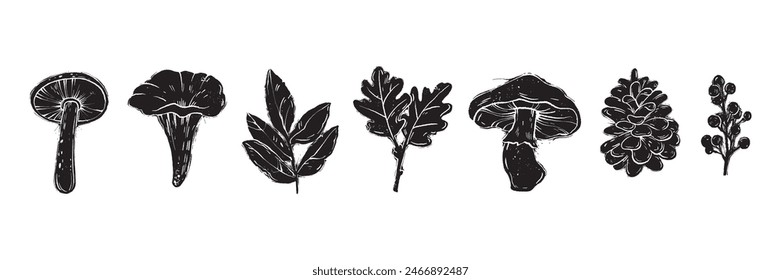 Linocut forest mushroom set engraving vector Scandinavian leaf, cones twig black print collection. Autumn nature woodcut silhouette season botanical object illustration. Linocut mushroom texture stamp