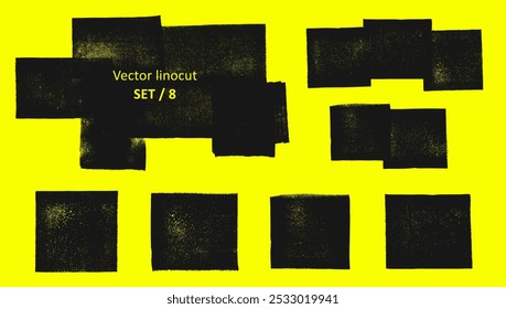 Linocut geometric compositions, squares, textured lino ink remains. Black and white artistic text backgrounds. Relief printing paint roller stains, textured transparent rectangles. Linocutting texture