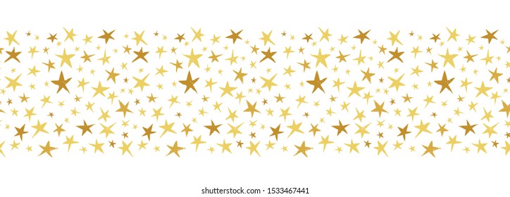 Linocut Gold and Yellow Stars on White Background Vector Seamless Horizontal Border Pattern. Christmas Hand Printed Background. Starry Winter Holiday Print. 