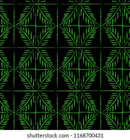 Linocut green palm twig rhombus tile vector seamless pattern for textile, wrapping, craft