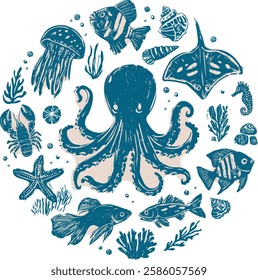 Linocut hand-drawn circular ocean wildlife illustration in blue and beige ink style, featuring octopus, jellyfish, stingray, fish, seashells, coral, seaweed, and starfish, on transparent background