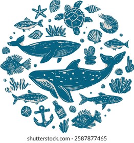 Linocut hand-drawn circular underwater scene in blue and beige ink style, featuring whales, fish, sea turtle, coral, anchor, bottle, seashells, and marine plants, isolated on transparent background