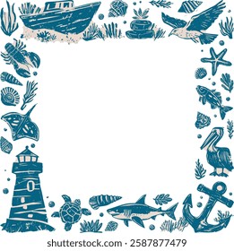 Linocut hand-drawn nautical frame in blue and beige ink style, featuring lighthouse, boat, anchor, pelican, shark, seagull, seashells, marine plants, with empty space for text or design, transparent