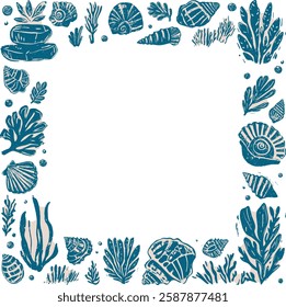 Linocut hand-drawn seashell and seaweed decorative border in blue and beige ink style, featuring various shell species, coral, marine plants, with copy space for text or graphics, transparent backdrop