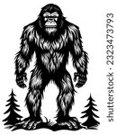 Linocut illustration of Bigfoot wandering in forest.