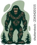Linocut illustration of Bigfoot wandering in forest.