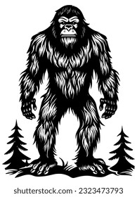 Linocut illustration of Bigfoot wandering in forest.