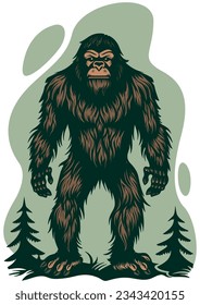 Linocut illustration of Bigfoot wandering in forest.