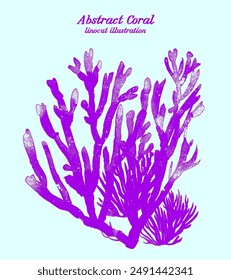 Linocut illustration of delicate purple coral reef. Vector sealife coral branch is hand drawn with intricate use of abstract textures and bright colors isolated against pale blue background.