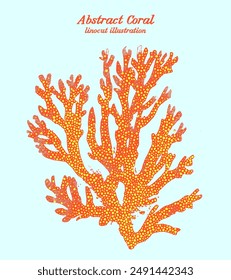 Linocut illustration of golden orange color coral reef. Vector sealife coral branch is hand drawn with intricate use of abstract textures and bright colors isolated against pale blue background.