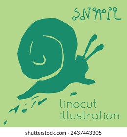 Linocut illustration of grapevine snail emblem. Vector grape helix drawing. Linoleum print texture. Cochlea logo design. Slug symbol design. Engraved snails icon.