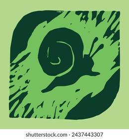 Linocut illustration of grapevine snail emblem. Vector grape helix drawing. Linoleum print texture. Cochlea logo design. Slug symbol design. Engraved snails icon.