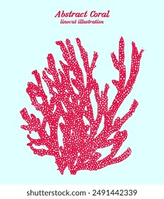 Linocut illustration of striking red coral reef. Vector sealife coral branch is hand drawn with intricate use of abstract textures and bright colors isolated against pale blue background.